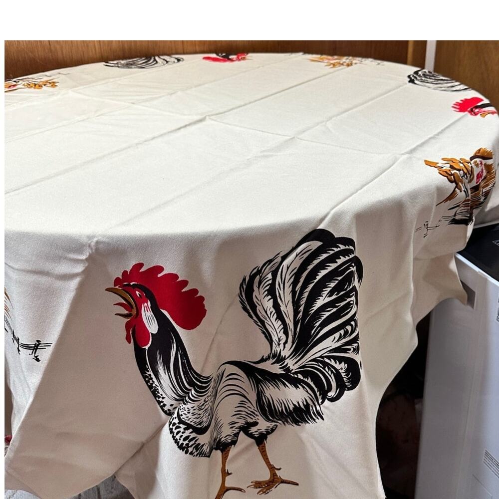 Vintage White Table Cloth with Rooster Border - 50" x 50"